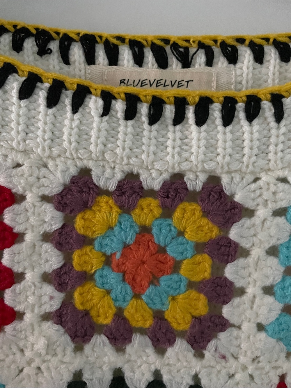Blue Velvet White Crochet Multi-Color Square Knit Sweater